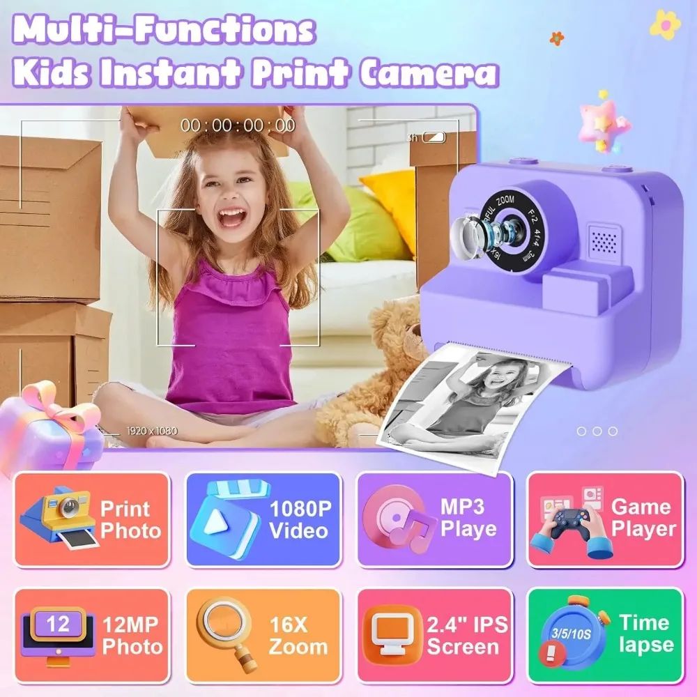 Mini cámara de vídeo digital para niños con impresión térmica y estabilización de imágenes múltiples, tarjeta de 32 GB incluida