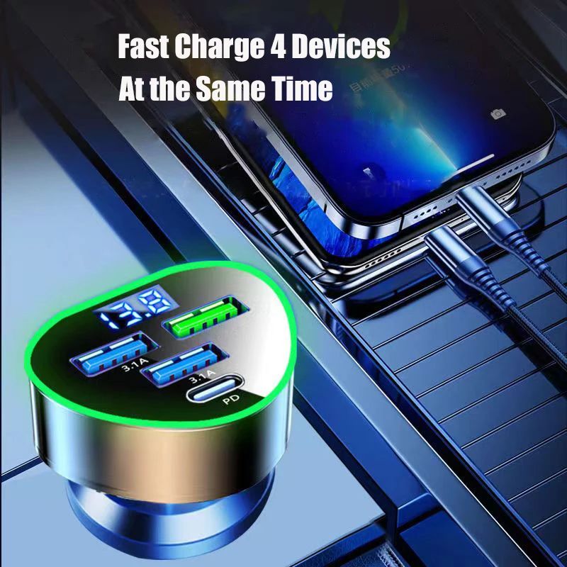 Cargador de teléfono para coche UYUXIO USB C carga súper rápida en el coche con pantalla LED de voltaje para iPhone Samsung Huawei Oneplus teléfono Android