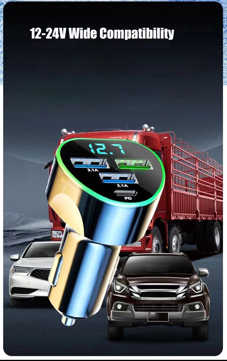 Cargador de teléfono para coche UYUXIO USB C carga súper rápida en el coche con pantalla LED de voltaje para iPhone Samsung Huawei Oneplus teléfono Android