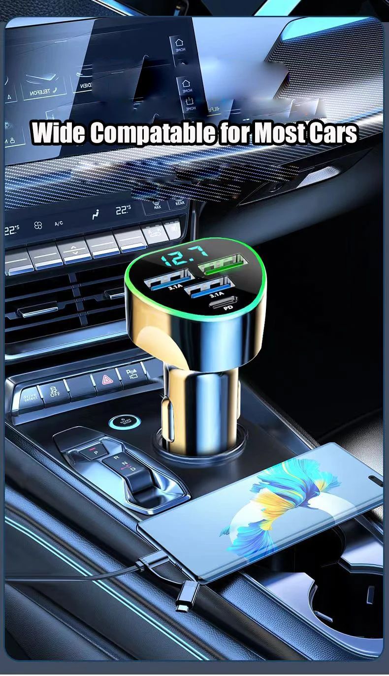 Cargador de teléfono para coche UYUXIO USB C carga súper rápida en el coche con pantalla LED de voltaje para iPhone Samsung Huawei Oneplus teléfono Android