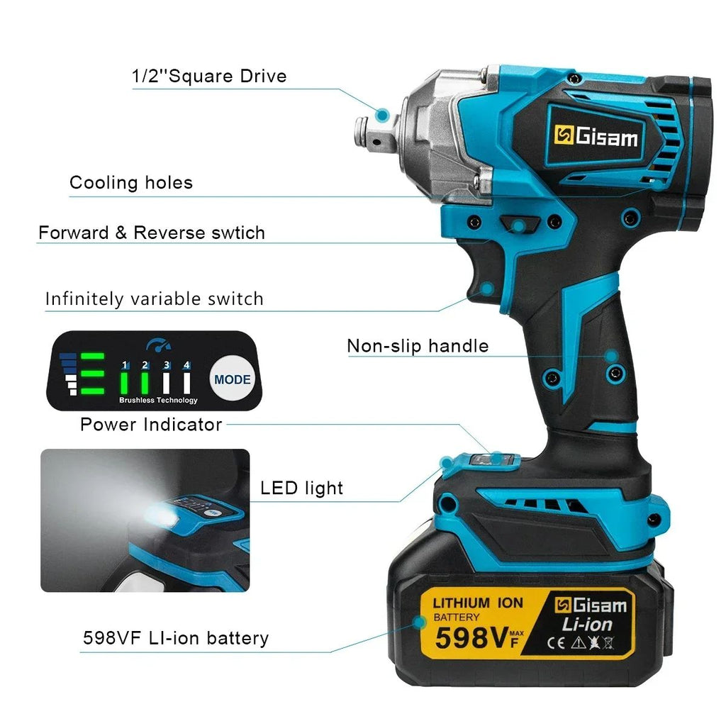 Gismis-llave de impacto eléctrica sin escobillas, 1200NM, 1/2 pulgadas, herramientas de llave eléctrica inalámbrica de alto Torque para Pin de batería Makita de 18V