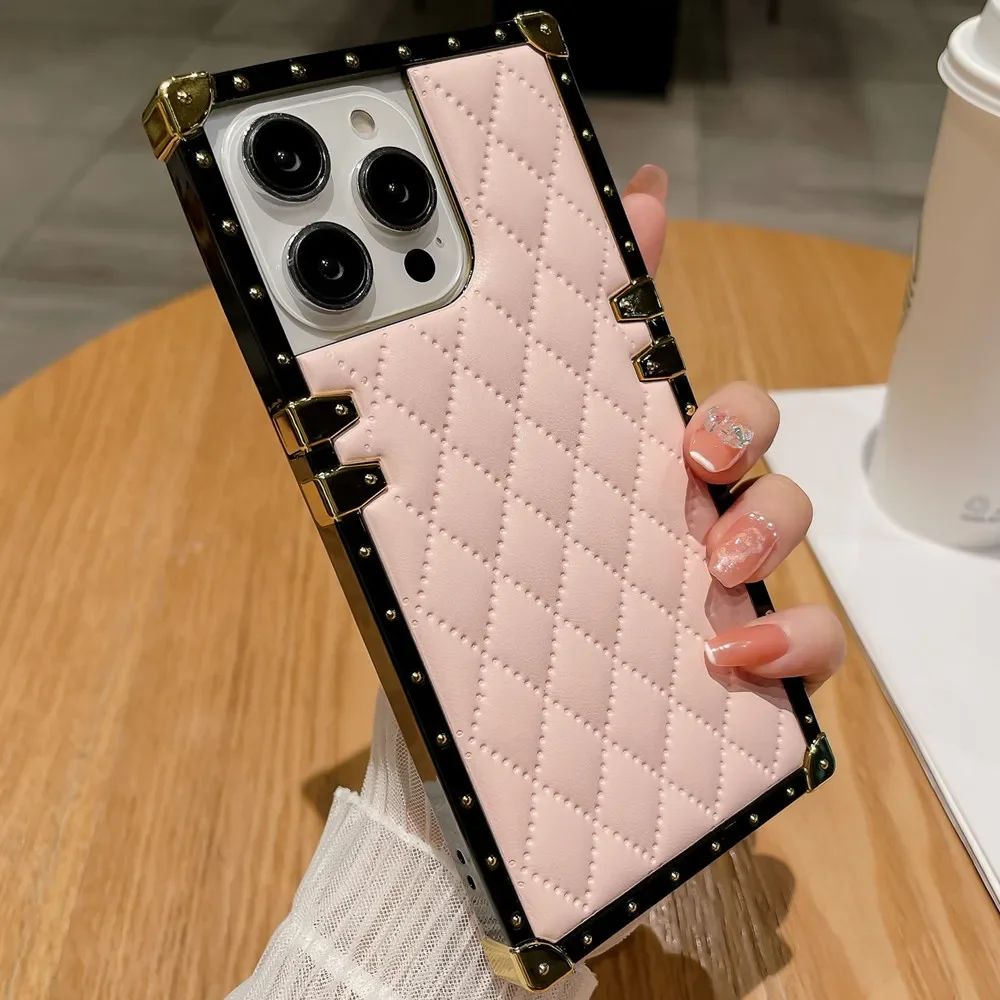 Fundas de Teléfono de Lujo a Prueba de Golpes para iPhone 17 16 15 14 13 12 11 Pro Max 17e, Diseño a Cuadros, Prevención de Colisiones, Cubierta de Cuero Suave de Cordero