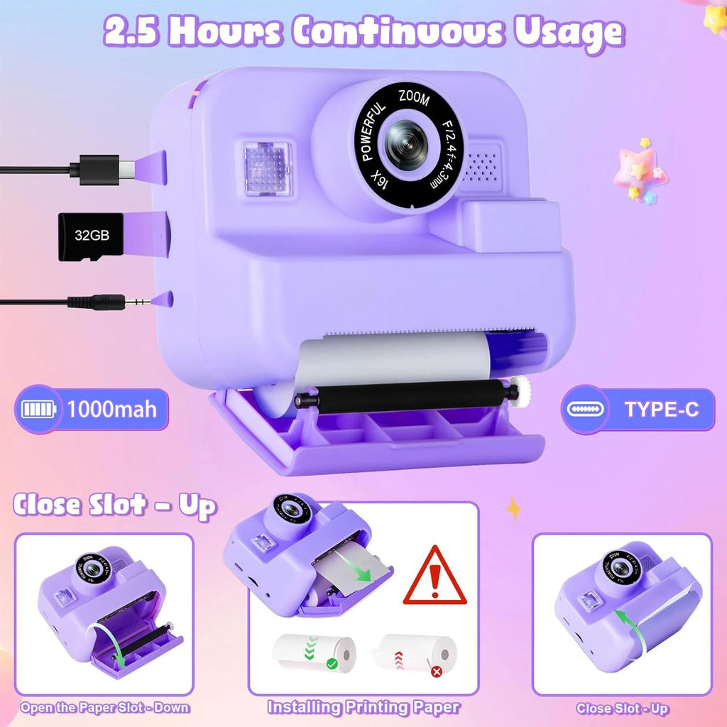Mini cámara de vídeo digital para niños con impresión térmica y estabilización de imágenes múltiples, tarjeta de 32 GB incluida