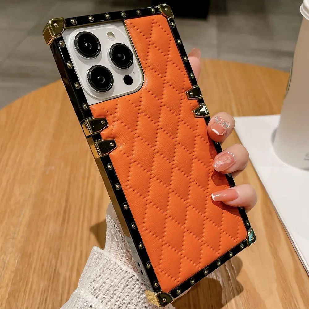 Fundas de Teléfono de Lujo a Prueba de Golpes para iPhone 17 16 15 14 13 12 11 Pro Max 17e, Diseño a Cuadros, Prevención de Colisiones, Cubierta de Cuero Suave de Cordero