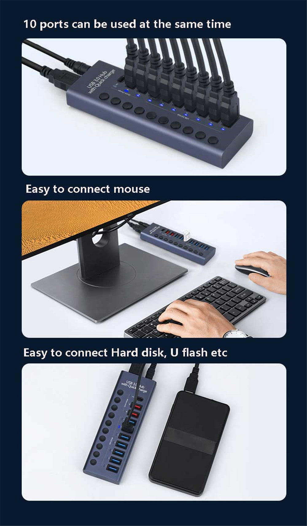USB 3,0 Hub Socket Switch 4 6 10 puertos concentrador multi-tap multipuerto estación de acoplamiento cargador fuente de alimentación múltiple tipo C