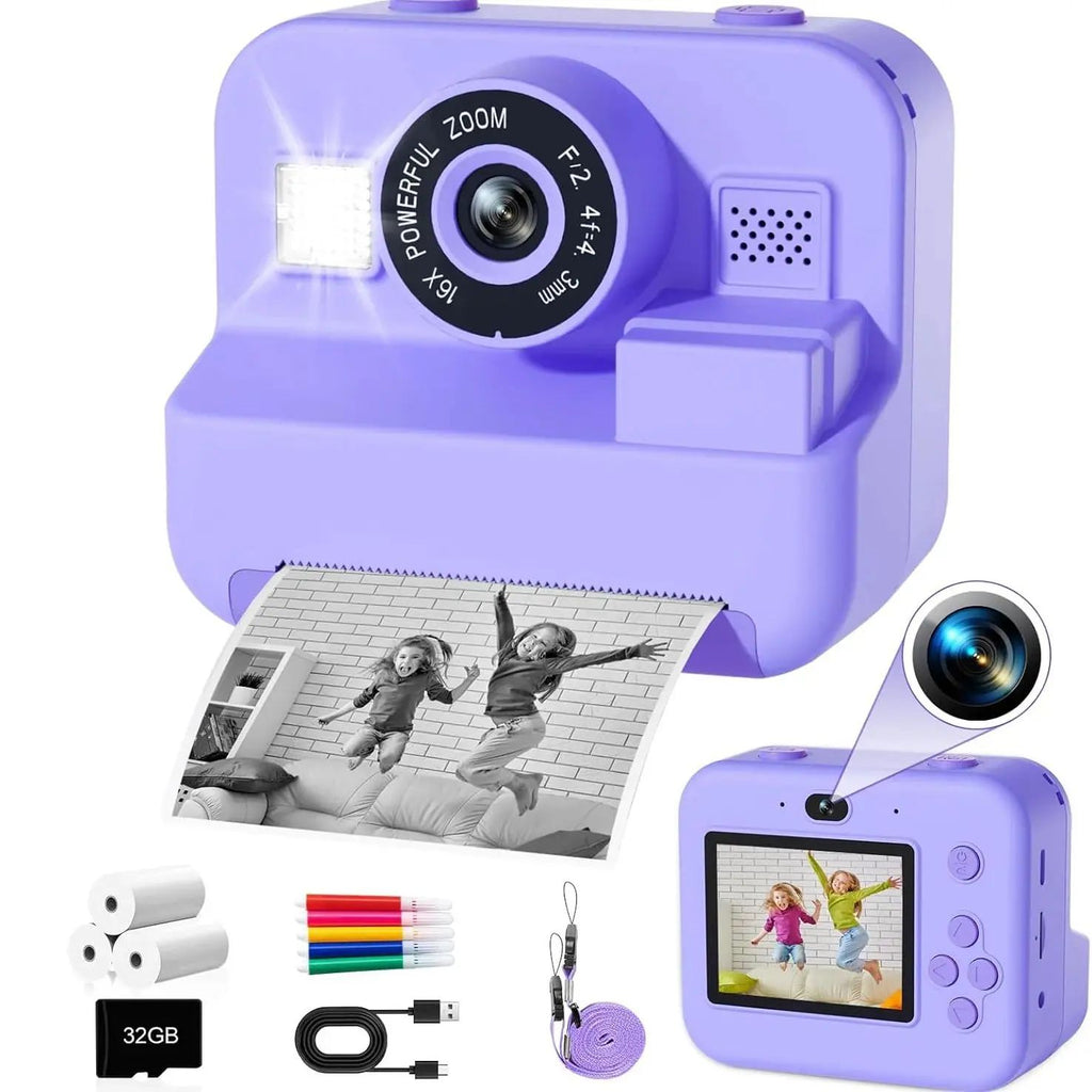 Mini cámara de vídeo digital para niños con impresión térmica y estabilización de imágenes múltiples, tarjeta de 32 GB incluida