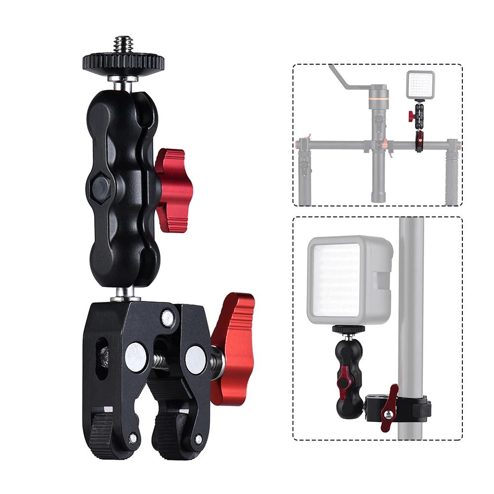 Monitor de montaje con abrazadera para cámara Super Clamp 360 °   Adaptador de cabeza de bola doble con brazo mágico Ballhead para cámara DSLR/Gopro/luces LED/teléfono