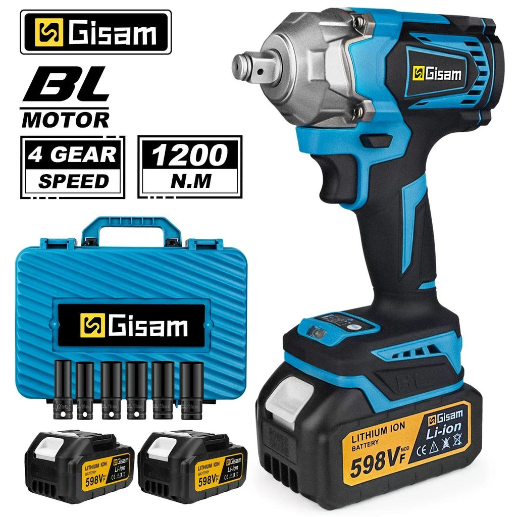 Gismis-llave de impacto eléctrica sin escobillas, 1200NM, 1/2 pulgadas, herramientas de llave eléctrica inalámbrica de alto Torque para Pin de batería Makita de 18V