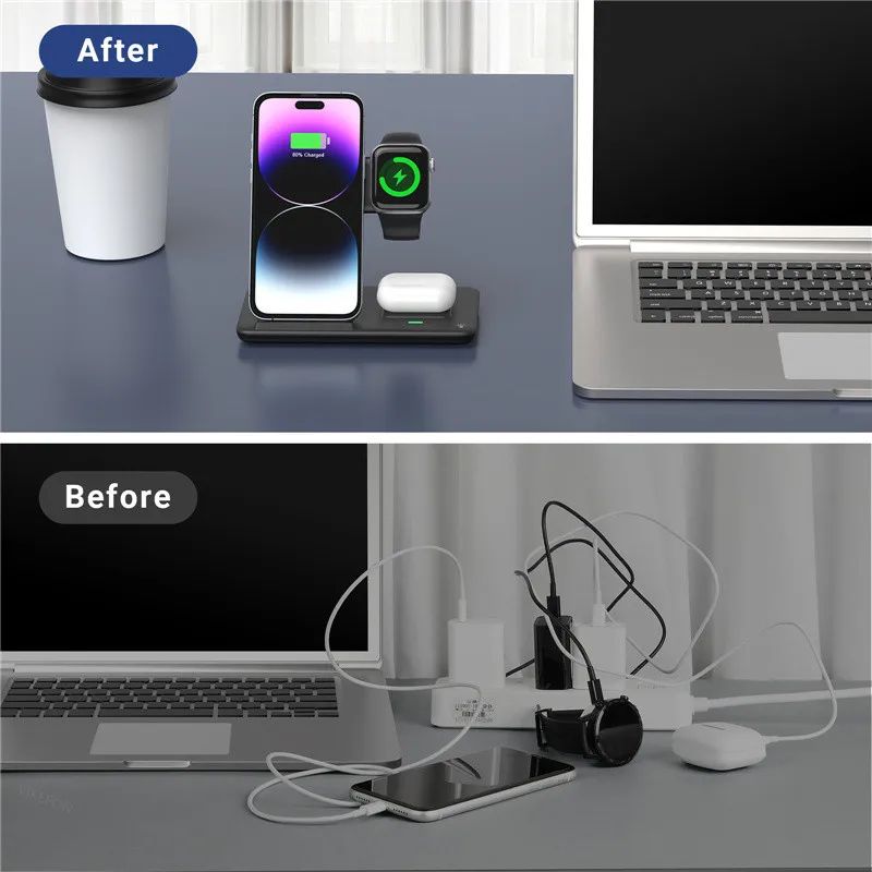 Base de Carga Inalámbrica Rápida 3 en 1 para iPhone 17 16 15 14 13 12, Apple Watch, Airpods Pro, iWatch 8 7 6, Estación de Carga Plegable