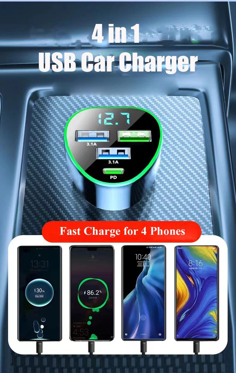 Cargador de teléfono para coche UYUXIO USB C carga súper rápida en el coche con pantalla LED de voltaje para iPhone Samsung Huawei Oneplus teléfono Android