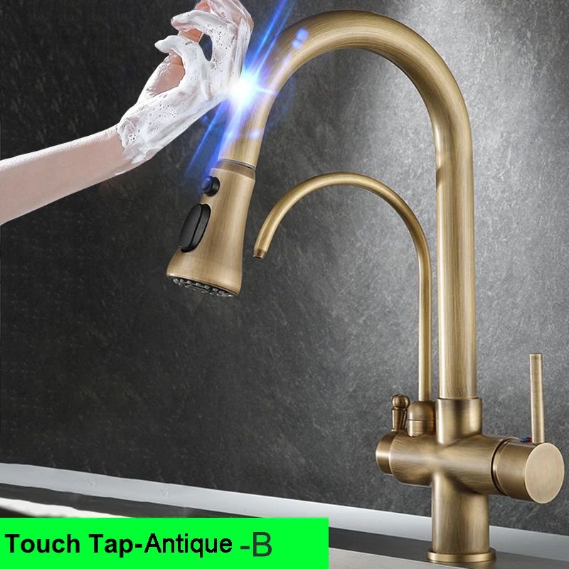 Grifos de cocina con filtro táctil inteligente, grifo mezclador de cocina extraíble en frío y caliente, color negro y dorado, Sensor de rotación, grifo de cocina con filtro táctil