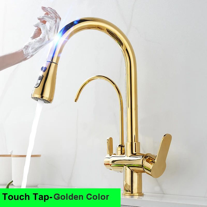 Grifos de cocina con filtro táctil inteligente, grifo mezclador de cocina extraíble en frío y caliente, color negro y dorado, Sensor de rotación, grifo de cocina con filtro táctil