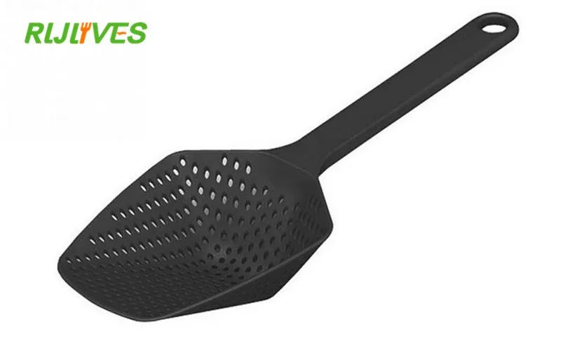RLJLIVES 1 pieza de palas de cocina negras, colador de verduras, cuchara de nailon, colador grande, filtro de sopa, herramientas de cocina