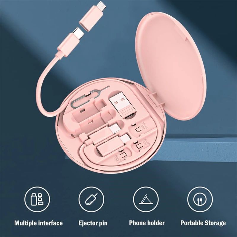 60W Multi tipo C a USB C a Micro USB a iluminación Kit de cables de teléfono de carga rápida para IPhone 14 13 15 Pro caja de almacenamiento de cables de datos