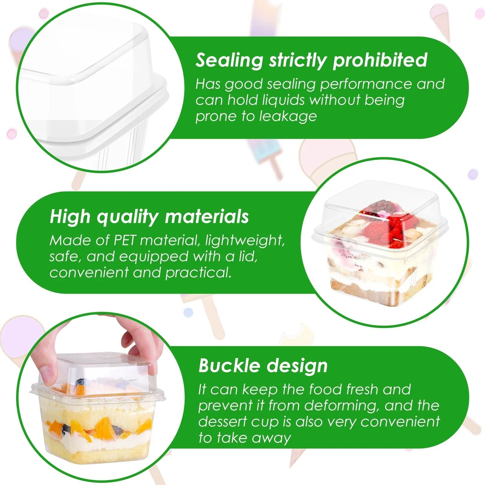 100 Uds. Tazas de postre multiusos con tapas contenedor de magdalenas reutilizable de 8oz caja de postre individual cuadrada transparente caja de almacenamiento de pasteles sellada