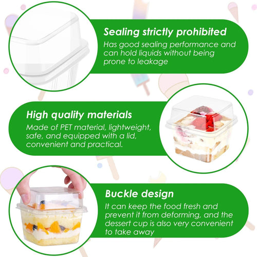 100 Uds. Tazas de postre multiusos con tapas contenedor de magdalenas reutilizable de 8oz caja de postre individual cuadrada transparente caja de almacenamiento de pasteles sellada