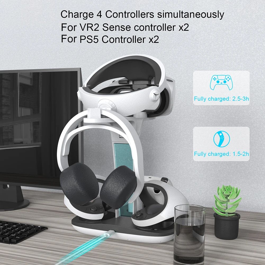 Base de carga para PS5 PS VR2, soporte de auriculares, controlador, estación de carga, luz indicadora LED, almacenamiento de auriculares para casco