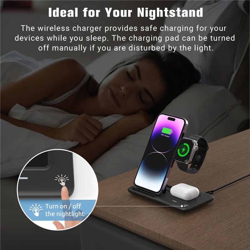 Base de Carga Inalámbrica Rápida 3 en 1 para iPhone 17 16 15 14 13 12, Apple Watch, Airpods Pro, iWatch 8 7 6, Estación de Carga Plegable
