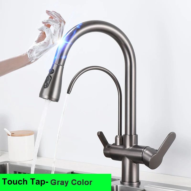 Grifos de cocina con filtro táctil inteligente, grifo mezclador de cocina extraíble en frío y caliente, color negro y dorado, Sensor de rotación, grifo de cocina con filtro táctil