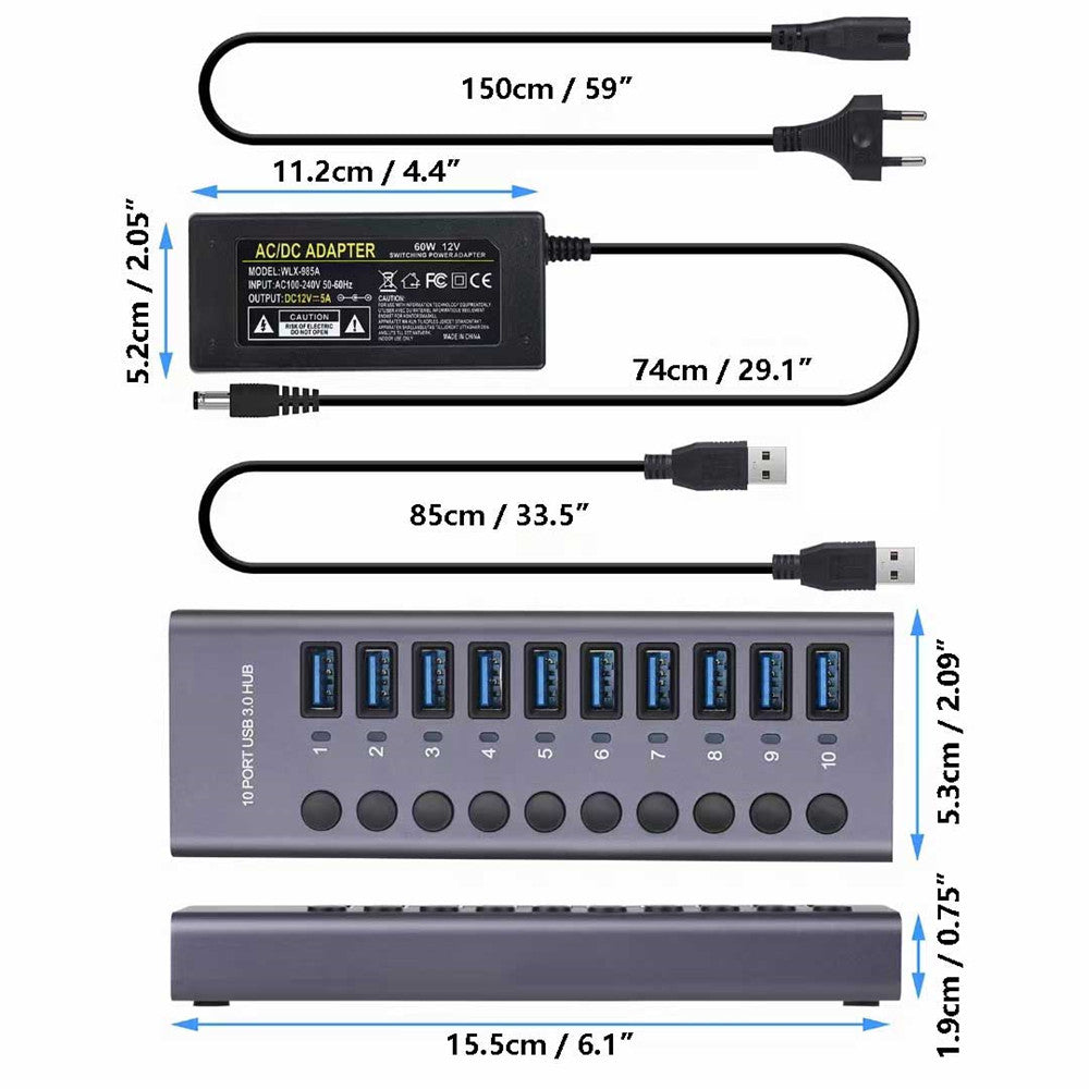 USB 3,0 Hub Socket Switch 4 6 10 puertos concentrador multi-tap multipuerto estación de acoplamiento cargador fuente de alimentación múltiple tipo C