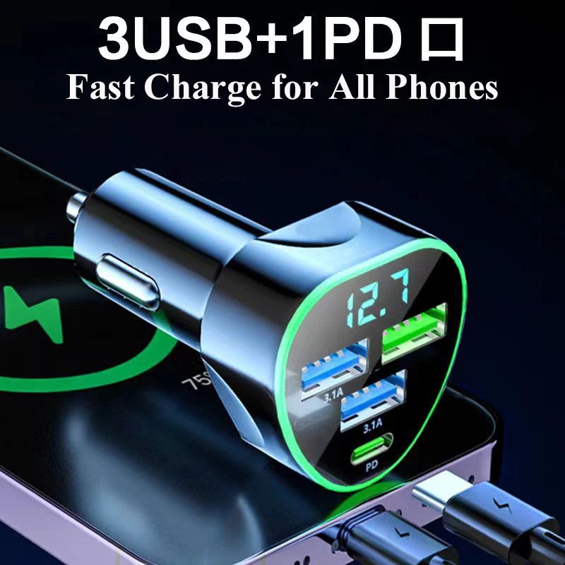 Cargador de teléfono para coche UYUXIO USB C carga súper rápida en el coche con pantalla LED de voltaje para iPhone Samsung Huawei Oneplus teléfono Android