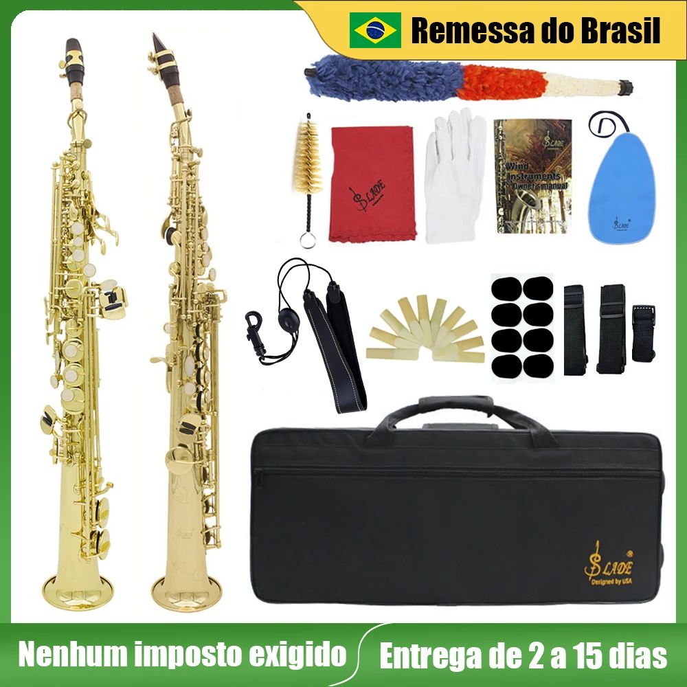 SLADE saxofón Soprano Bb cuerpo de latón saxofón recto instrumento de viento de madera de saxofón profesional con estuche piezas y accesorios de cañas