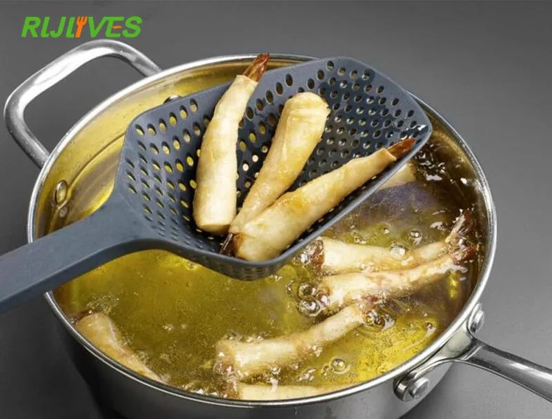 RLJLIVES 1 pieza de palas de cocina negras, colador de verduras, cuchara de nailon, colador grande, filtro de sopa, herramientas de cocina