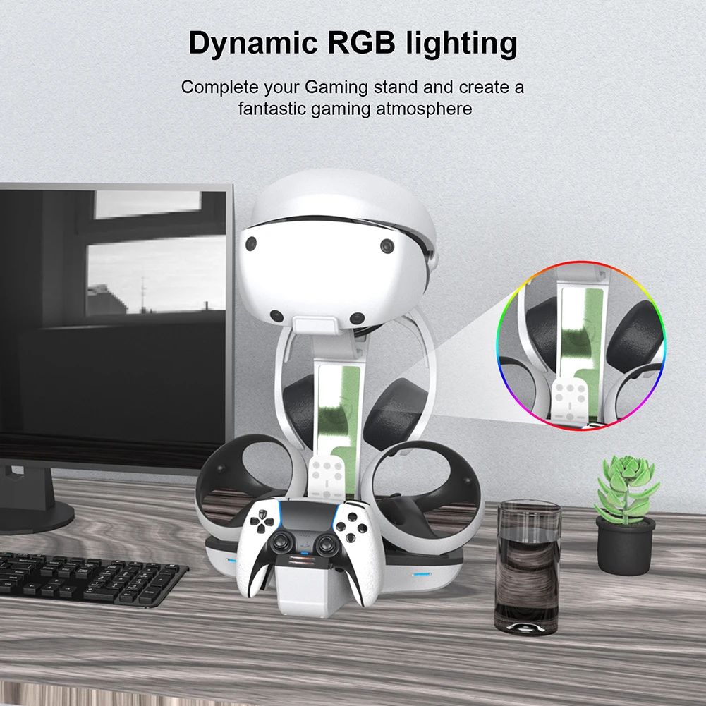 Base de carga para PS5 PS VR2, soporte de auriculares, controlador, estación de carga, luz indicadora LED, almacenamiento de auriculares para casco