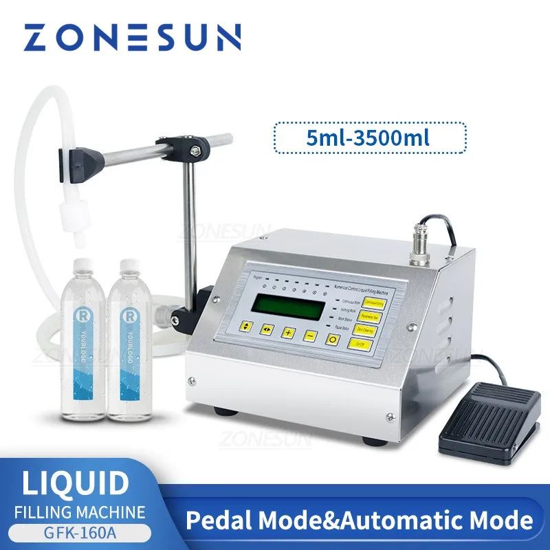 ZONESUN-máquina de llenado de líquidos, GFK-160A pequeña, Control Digital, 5-3500ml, jugo, agua, botella de llenado dosificadora con Pedal