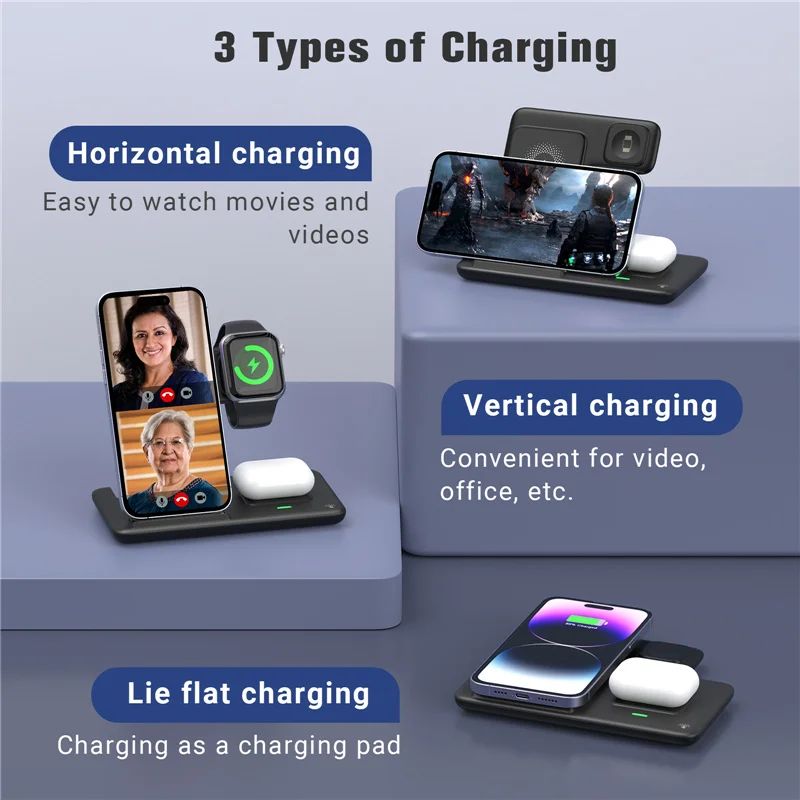 Base de Carga Inalámbrica Rápida 3 en 1 para iPhone 17 16 15 14 13 12, Apple Watch, Airpods Pro, iWatch 8 7 6, Estación de Carga Plegable