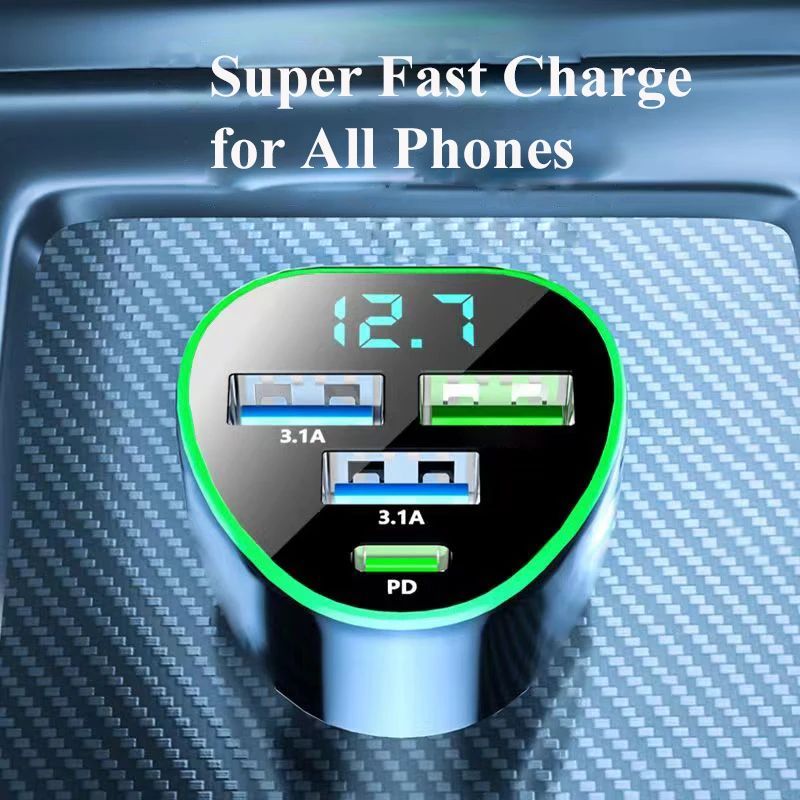 Cargador de teléfono para coche UYUXIO USB C carga súper rápida en el coche con pantalla LED de voltaje para iPhone Samsung Huawei Oneplus teléfono Android