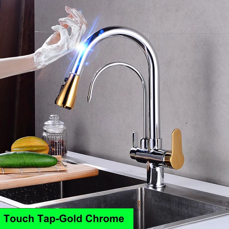 Grifos de cocina con filtro táctil inteligente, grifo mezclador de cocina extraíble en frío y caliente, color negro y dorado, Sensor de rotación, grifo de cocina con filtro táctil
