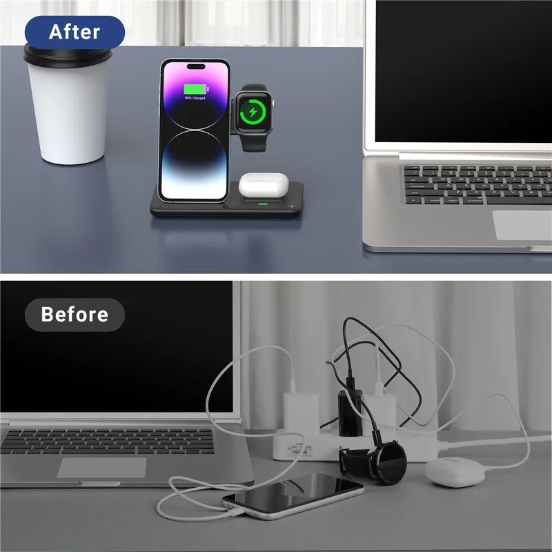 Base de Carga Inalámbrica Rápida 3 en 1 para iPhone 17 16 15 14 13 12, Apple Watch, Airpods Pro, iWatch 8 7 6, Estación de Carga Plegable