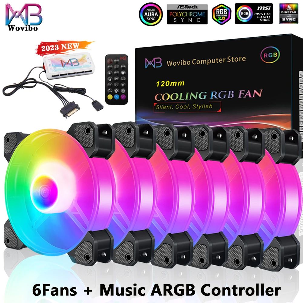 Wovibo-Ventilador de refrigeración RGB de 120mm, enfriador silencioso de 6 pines para PC, carcasa de ordenador, chasis, ajuste de bricolaje, 5V Aura Sync Music