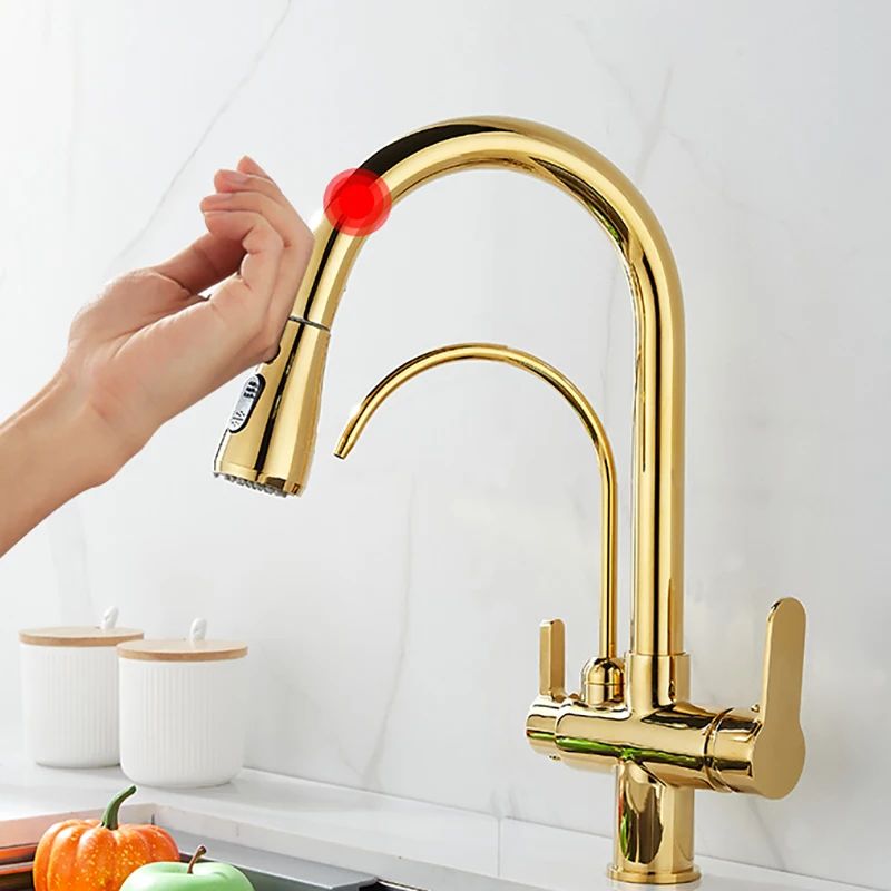 Grifos de cocina con filtro táctil inteligente, grifo mezclador de cocina extraíble en frío y caliente, color negro y dorado, Sensor de rotación, grifo de cocina con filtro táctil