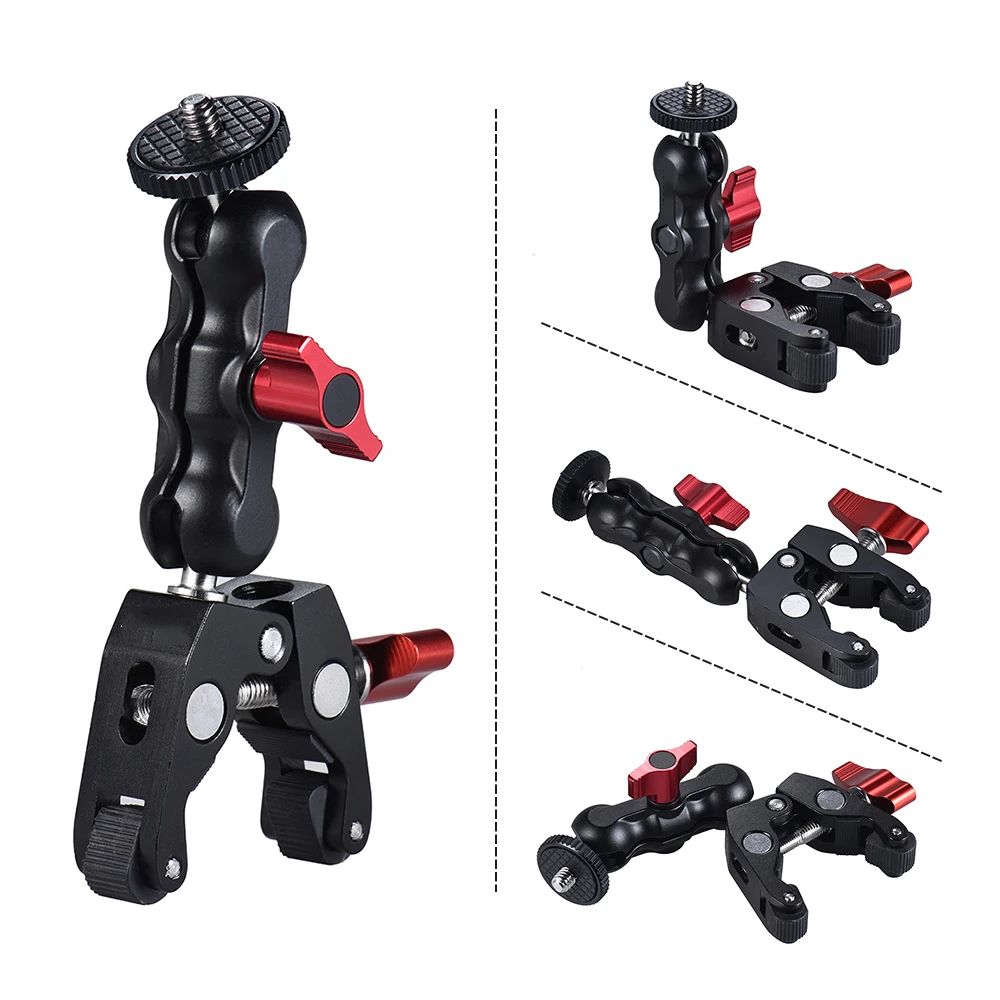 Monitor de montaje con abrazadera para cámara Super Clamp 360 °   Adaptador de cabeza de bola doble con brazo mágico Ballhead para cámara DSLR/Gopro/luces LED/teléfono
