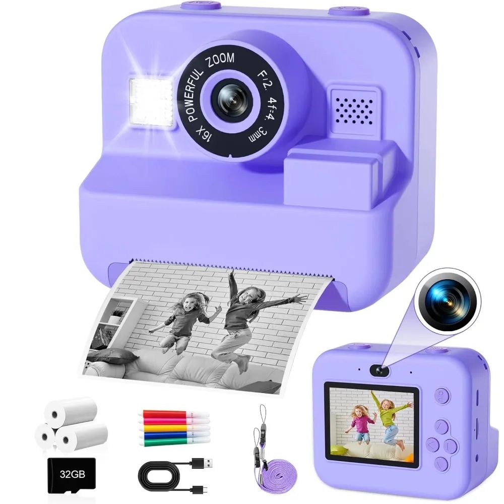 Mini cámara de vídeo digital para niños con impresión térmica y estabilización de imágenes múltiples, tarjeta de 32 GB incluida