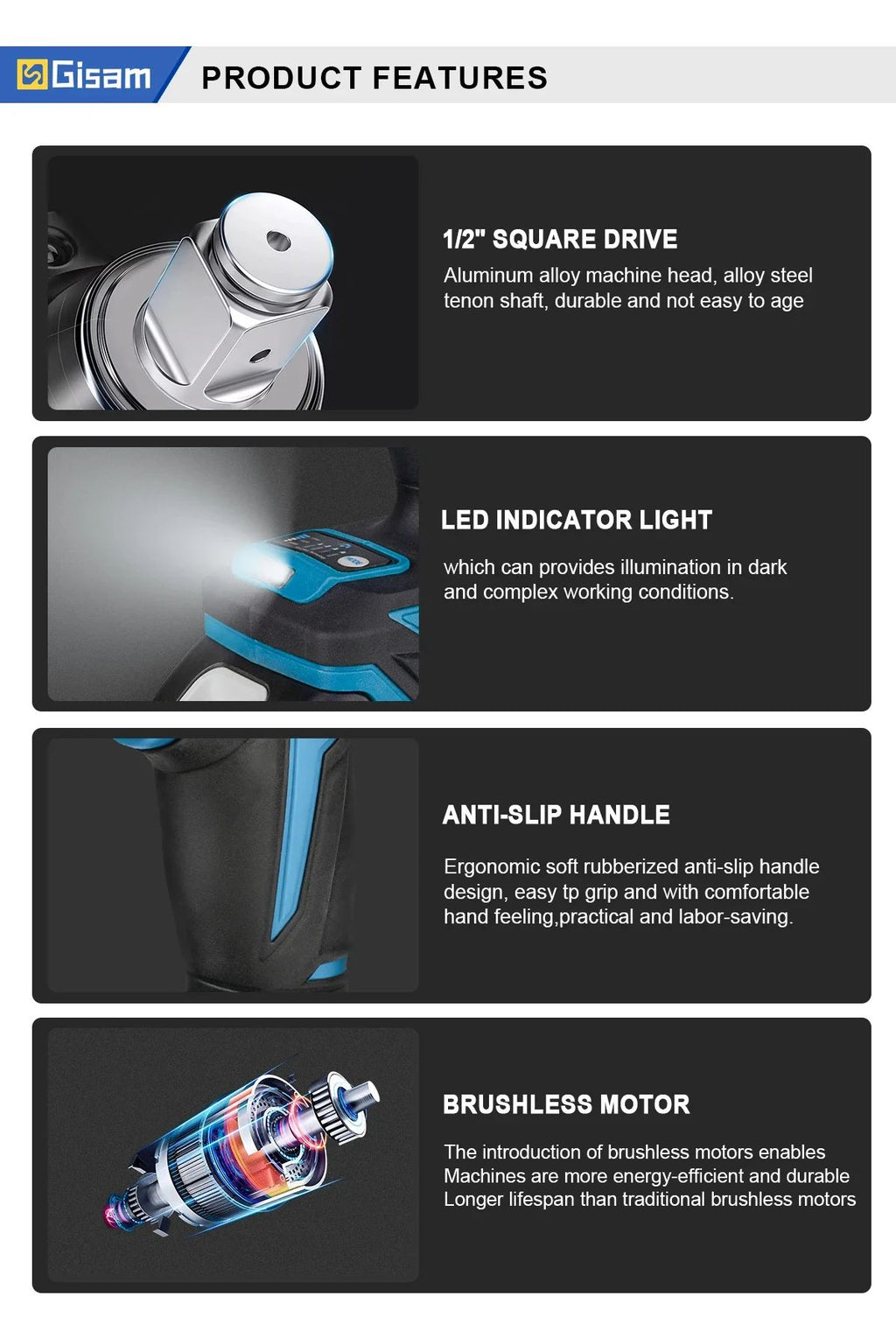 Gismis-llave de impacto eléctrica sin escobillas, 1200NM, 1/2 pulgadas, herramientas de llave eléctrica inalámbrica de alto Torque para Pin de batería Makita de 18V