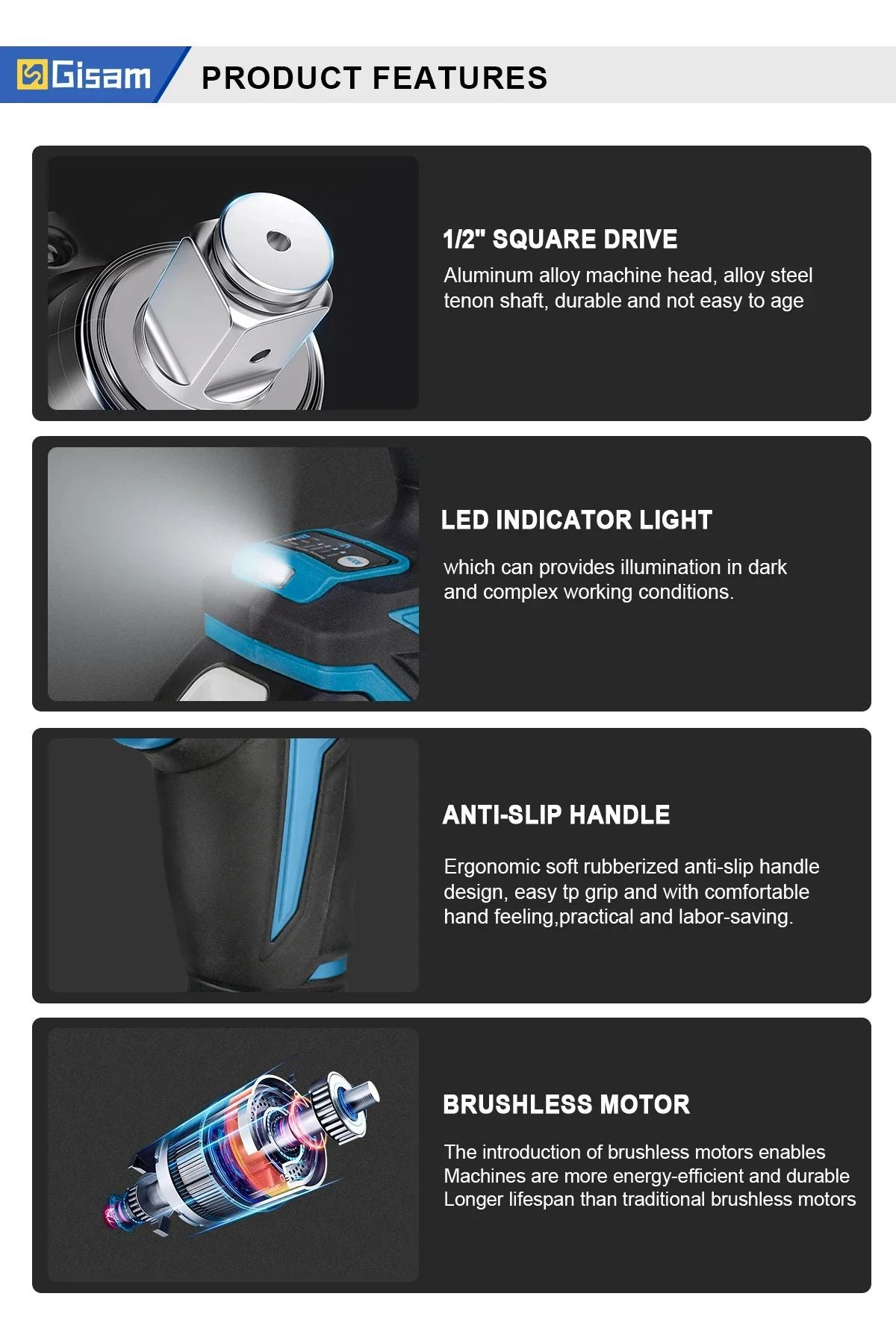 Gismis-llave de impacto eléctrica sin escobillas, 1200NM, 1/2 pulgadas, herramientas de llave eléctrica inalámbrica de alto Torque para Pin de batería Makita de 18V