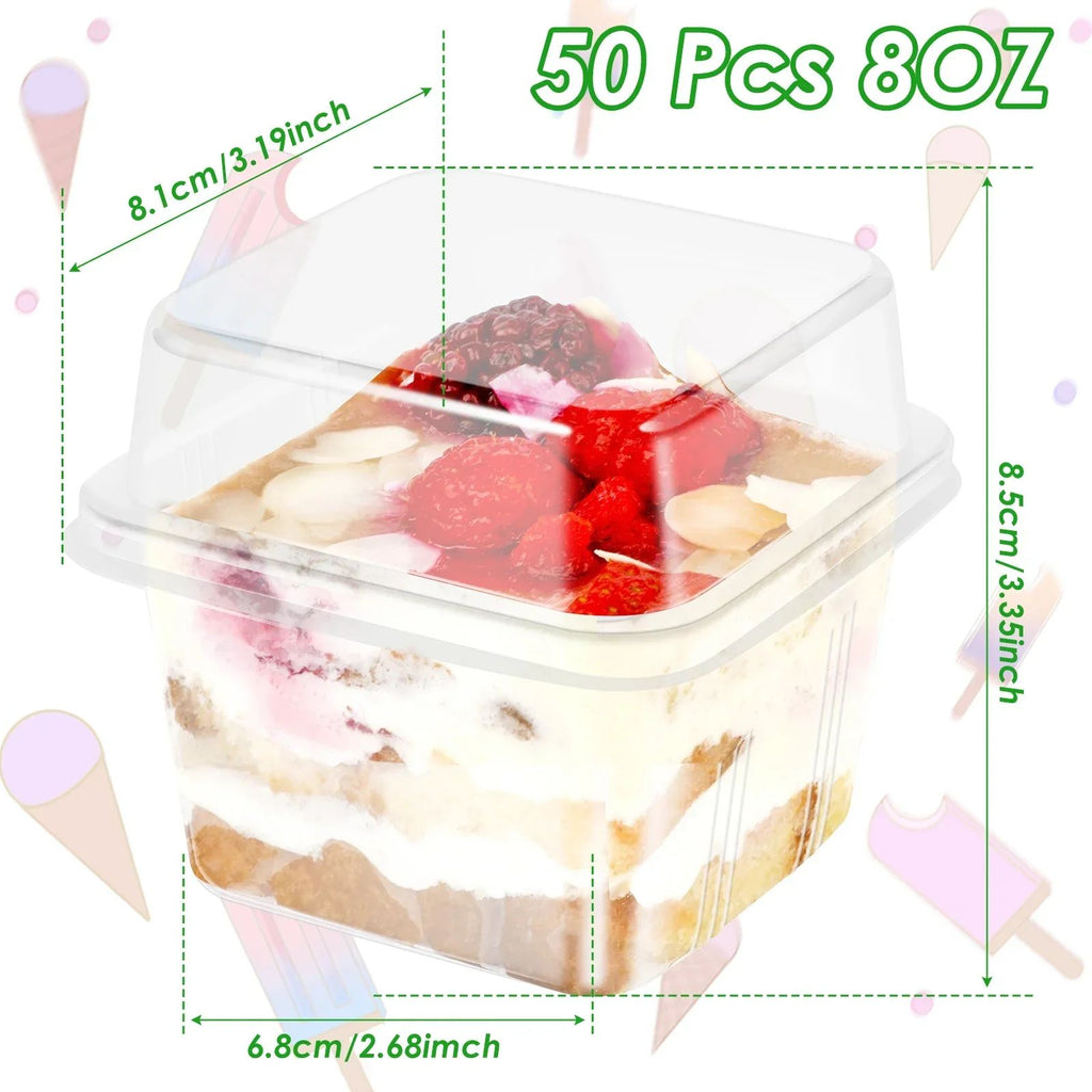 100 Uds. Tazas de postre multiusos con tapas contenedor de magdalenas reutilizable de 8oz caja de postre individual cuadrada transparente caja de almacenamiento de pasteles sellada