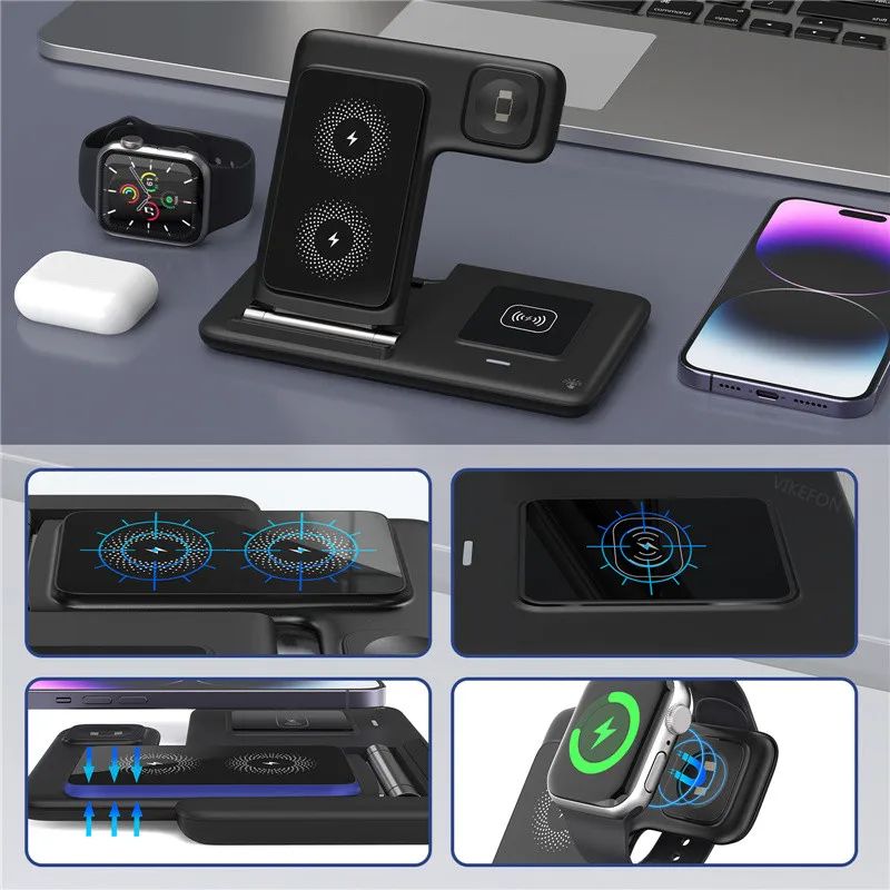 Base de Carga Inalámbrica Rápida 3 en 1 para iPhone 17 16 15 14 13 12, Apple Watch, Airpods Pro, iWatch 8 7 6, Estación de Carga Plegable