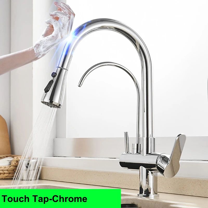 Grifos de cocina con filtro táctil inteligente, grifo mezclador de cocina extraíble en frío y caliente, color negro y dorado, Sensor de rotación, grifo de cocina con filtro táctil