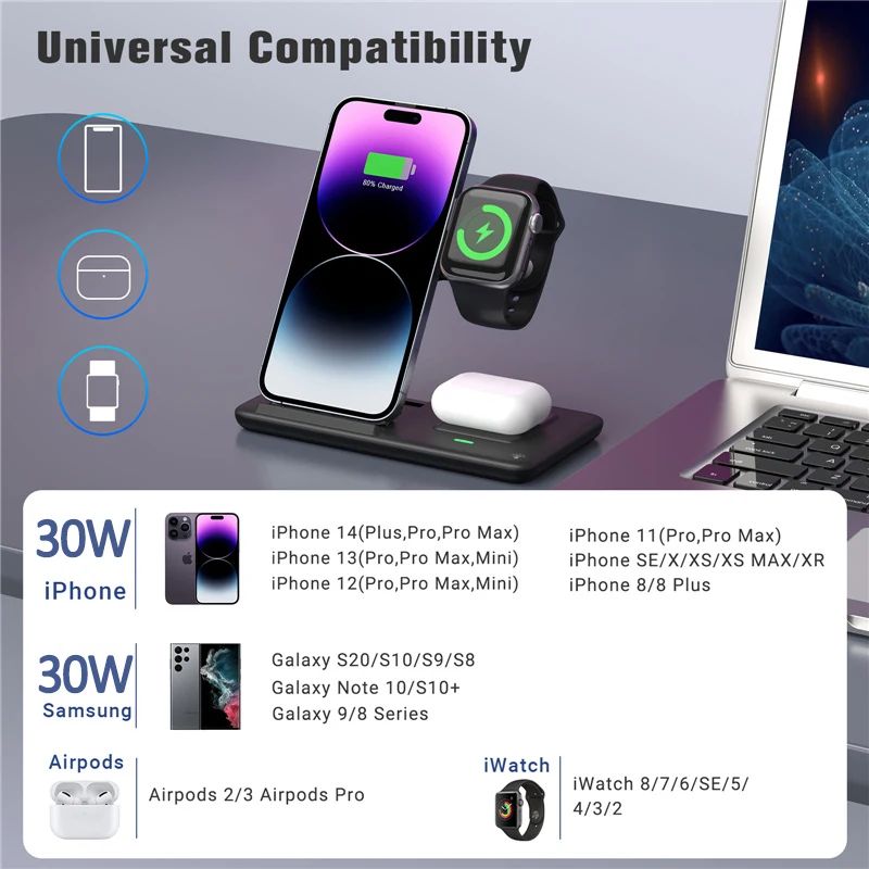 Base de Carga Inalámbrica Rápida 3 en 1 para iPhone 17 16 15 14 13 12, Apple Watch, Airpods Pro, iWatch 8 7 6, Estación de Carga Plegable