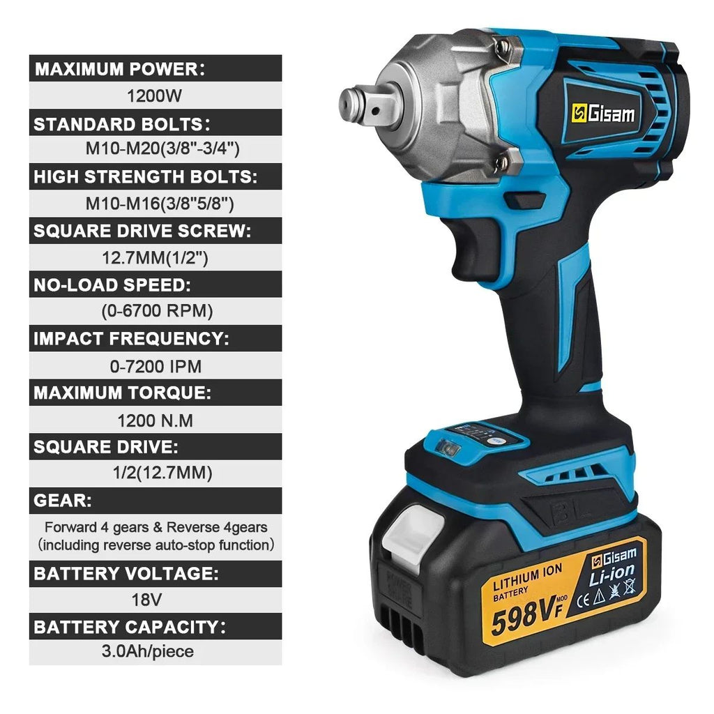 Gismis-llave de impacto eléctrica sin escobillas, 1200NM, 1/2 pulgadas, herramientas de llave eléctrica inalámbrica de alto Torque para Pin de batería Makita de 18V