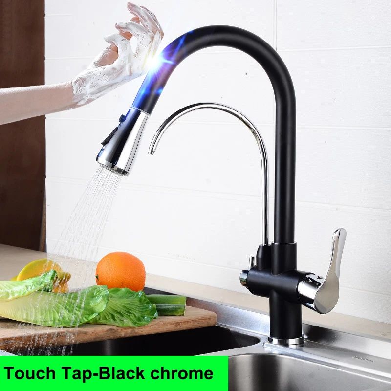 Grifos de cocina con filtro táctil inteligente, grifo mezclador de cocina extraíble en frío y caliente, color negro y dorado, Sensor de rotación, grifo de cocina con filtro táctil
