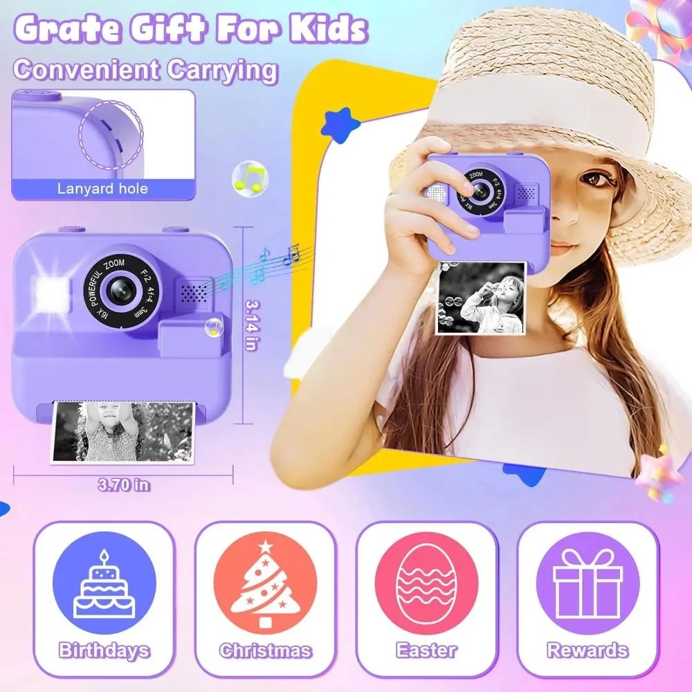 Mini cámara de vídeo digital para niños con impresión térmica y estabilización de imágenes múltiples, tarjeta de 32 GB incluida