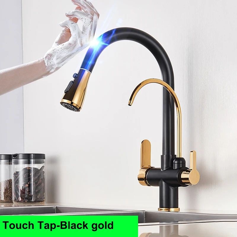 Grifos de cocina con filtro táctil inteligente, grifo mezclador de cocina extraíble en frío y caliente, color negro y dorado, Sensor de rotación, grifo de cocina con filtro táctil