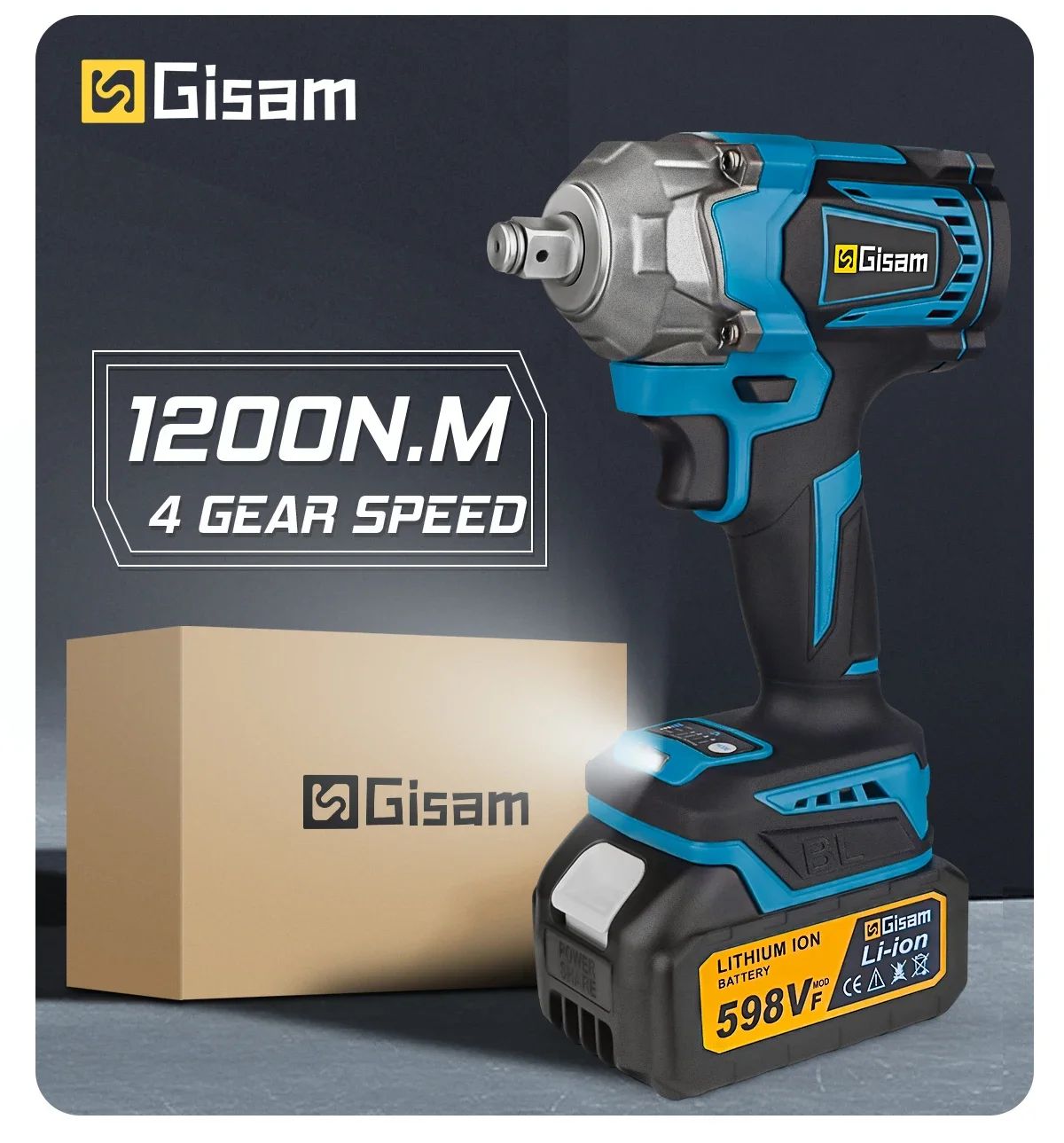 Gismis-llave de impacto eléctrica sin escobillas, 1200NM, 1/2 pulgadas, herramientas de llave eléctrica inalámbrica de alto Torque para Pin de batería Makita de 18V