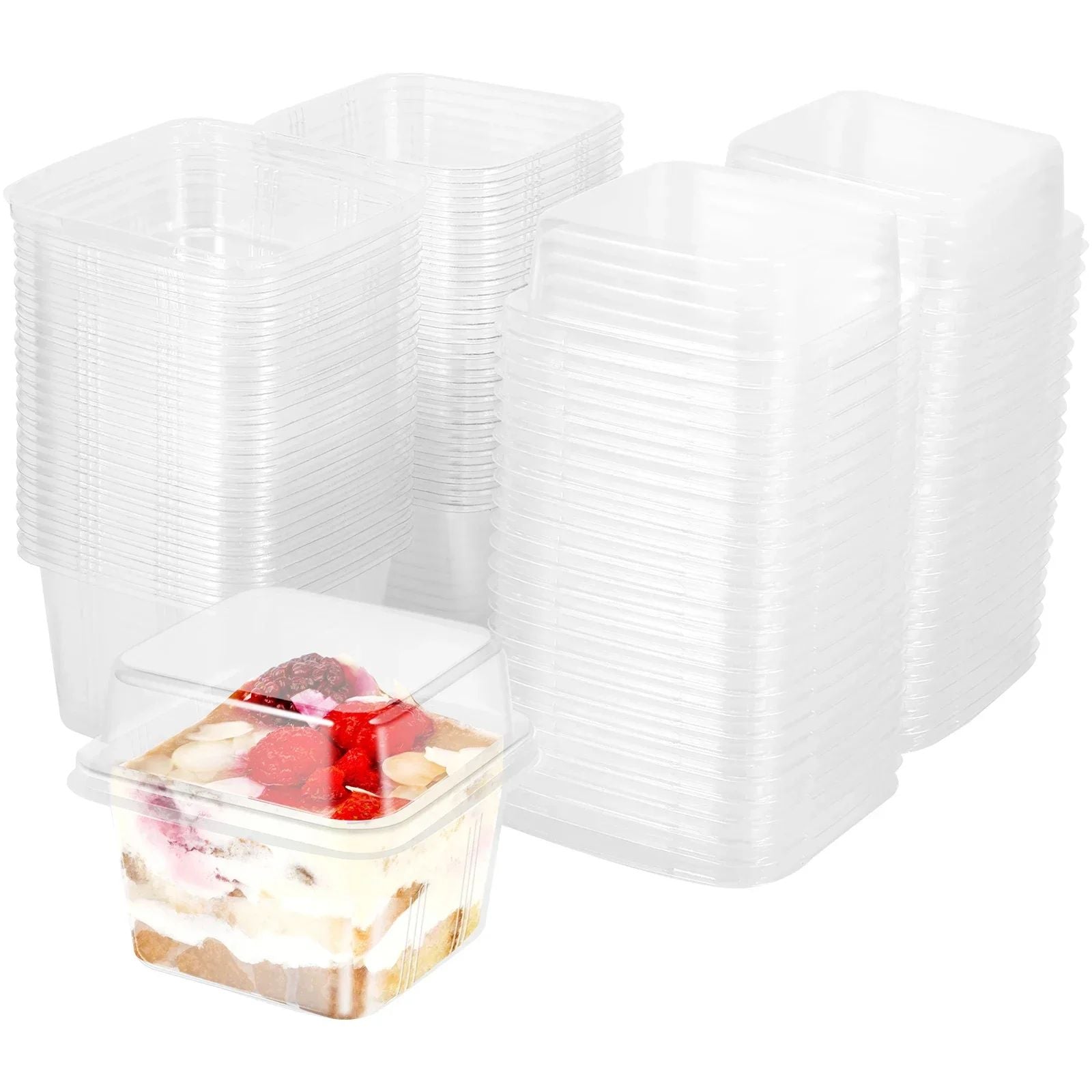 100 Uds. Tazas de postre multiusos con tapas contenedor de magdalenas reutilizable de 8oz caja de postre individual cuadrada transparente caja de almacenamiento de pasteles sellada