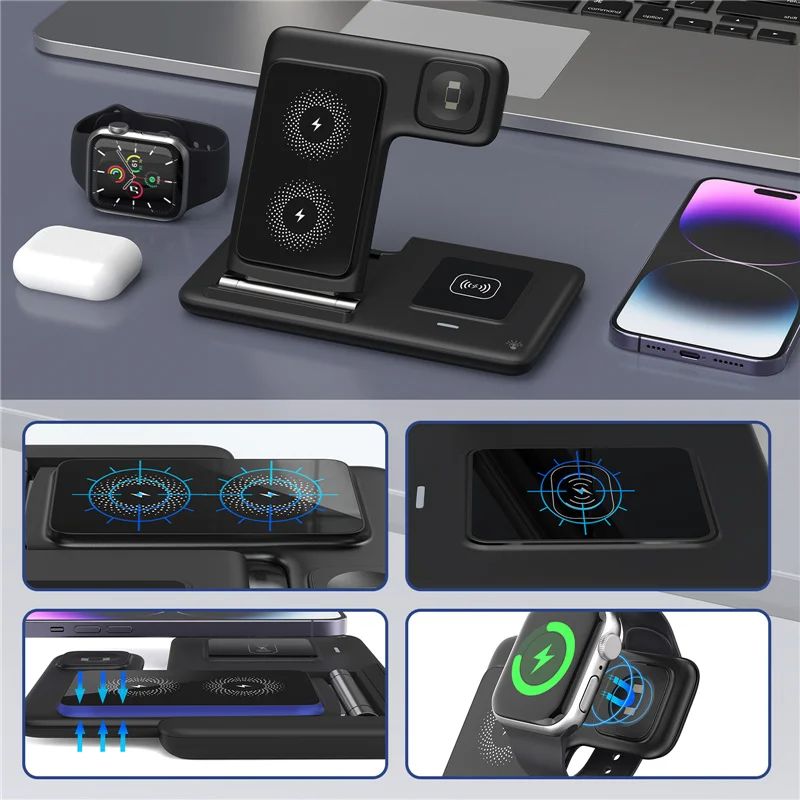 Base de Carga Inalámbrica Rápida 3 en 1 para iPhone 17 16 15 14 13 12, Apple Watch, Airpods Pro, iWatch 8 7 6, Estación de Carga Plegable